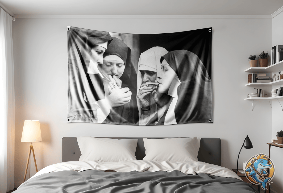 Nuns Smoking Flag Hung Up on dorm room white wall