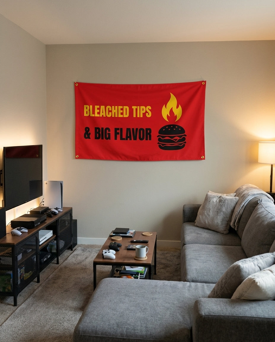 Big Flavor Grill Club flag decorating a game room wall