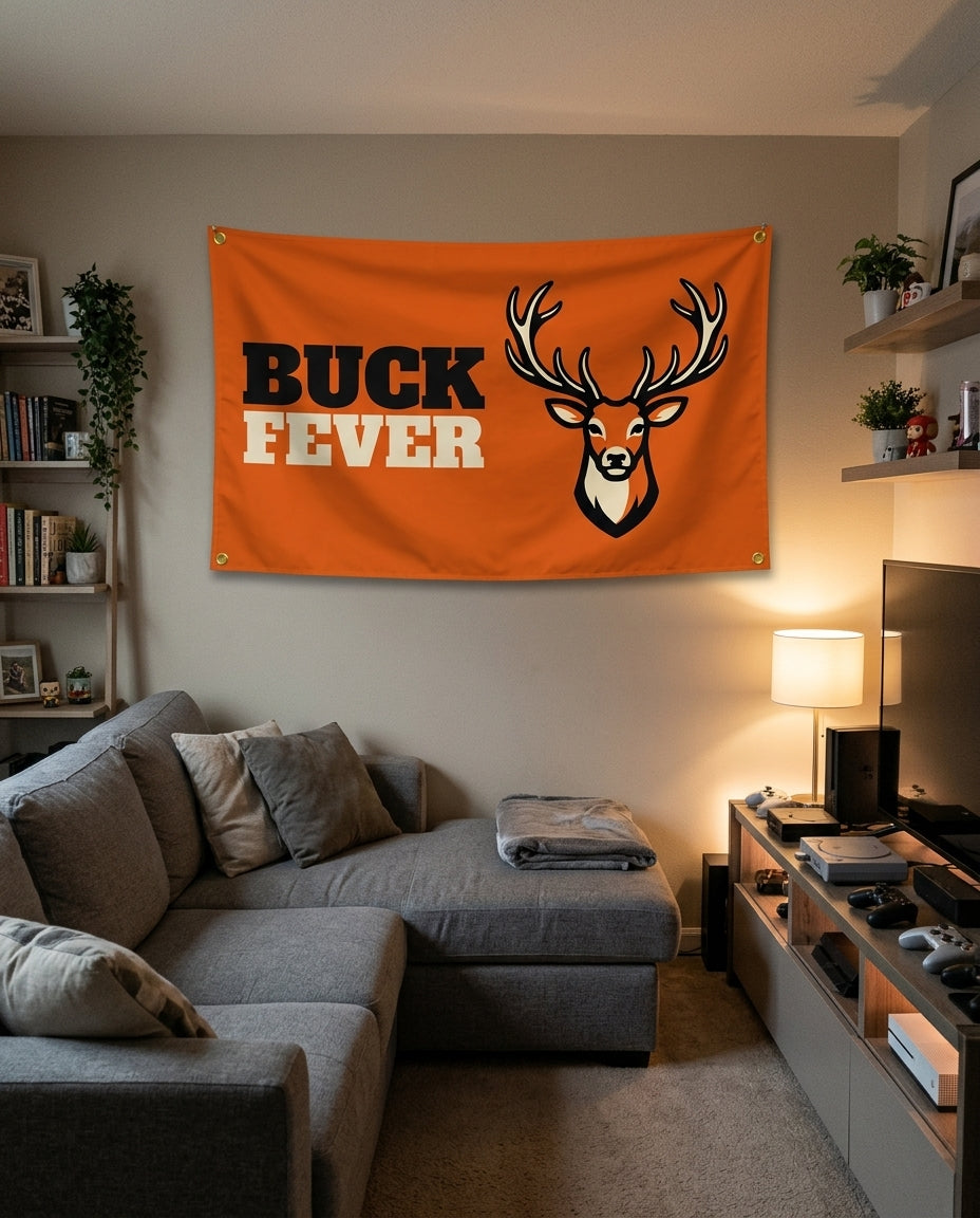 Buck Fever flag decorating a game room wall
