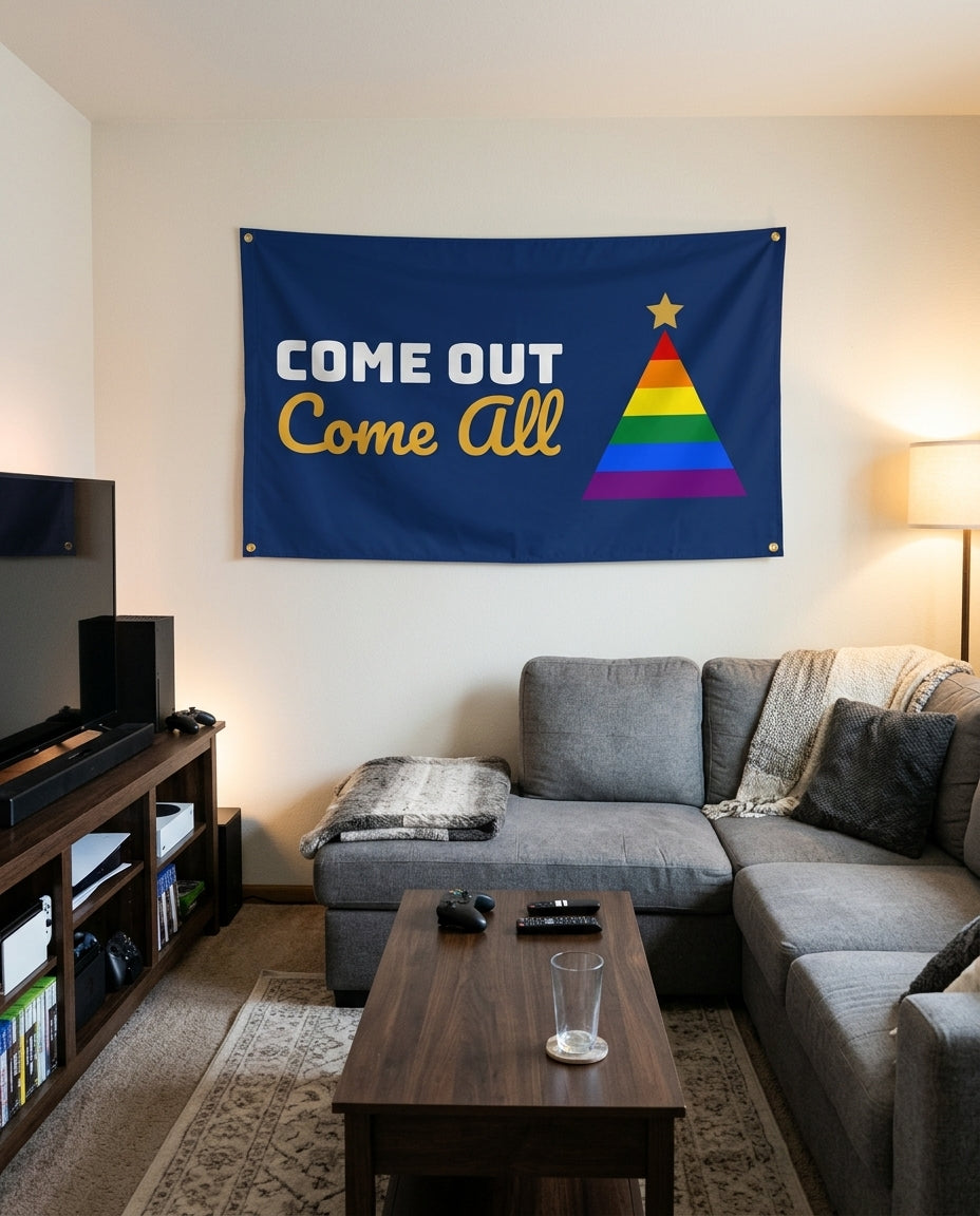 Come Out Come All flag decorating a game room wall
