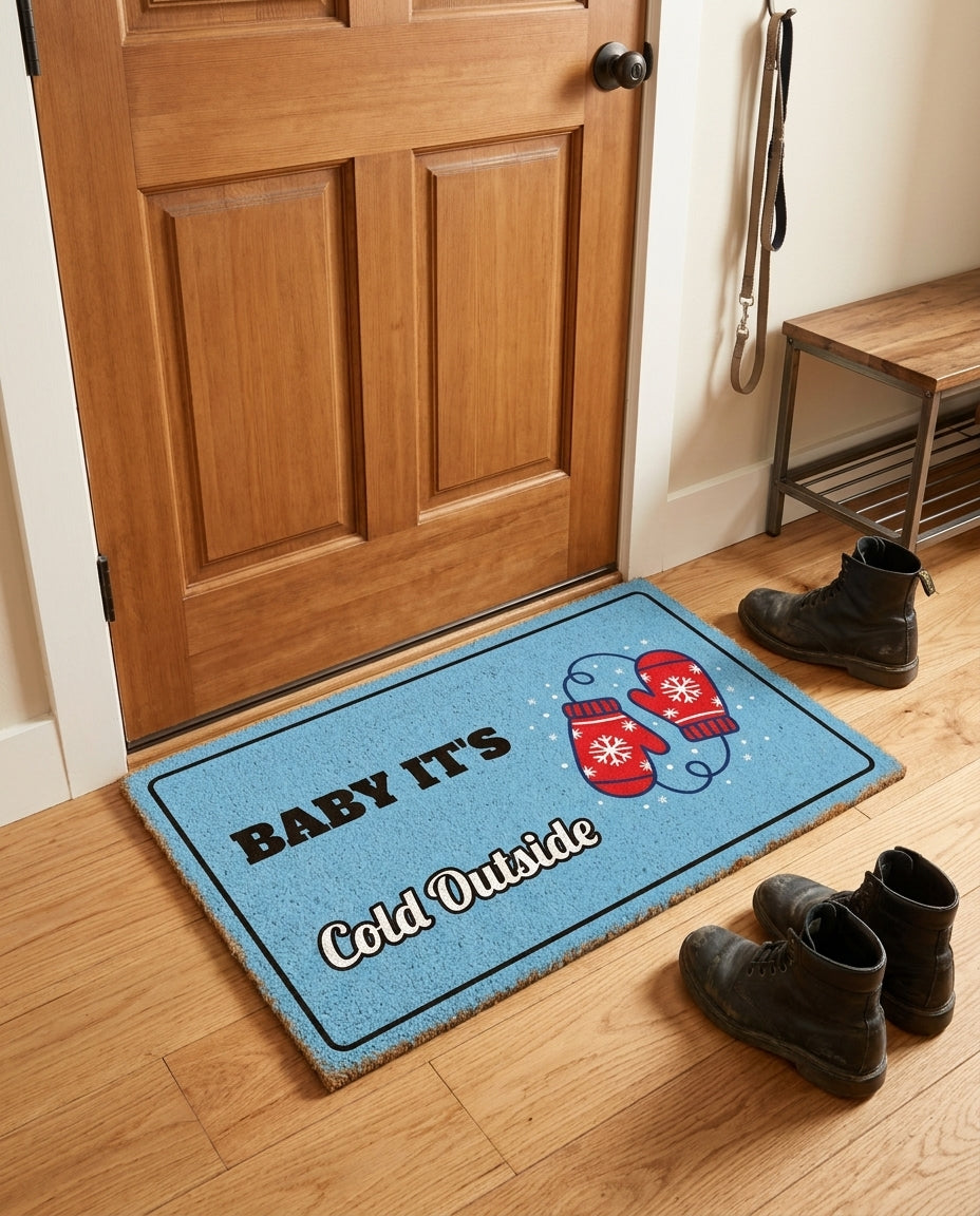 Baby Its Cold Outside welcome mat in a home entryway