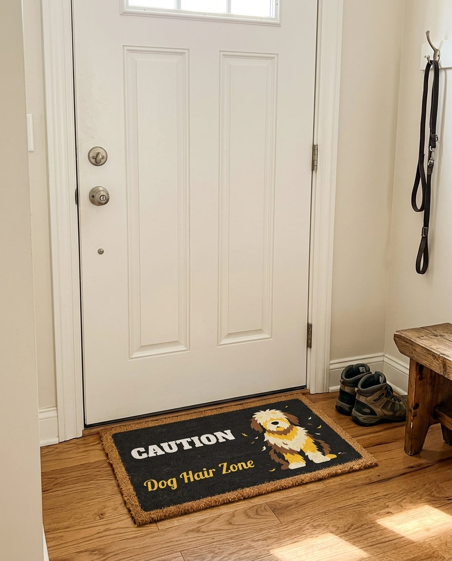 Caution Dog Hair Zone welcome mat in a home entryway