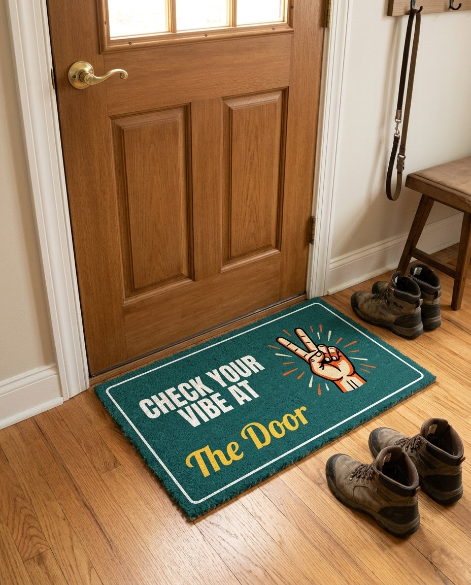 Check Your Vibe At The Door welcome mat in a home entryway