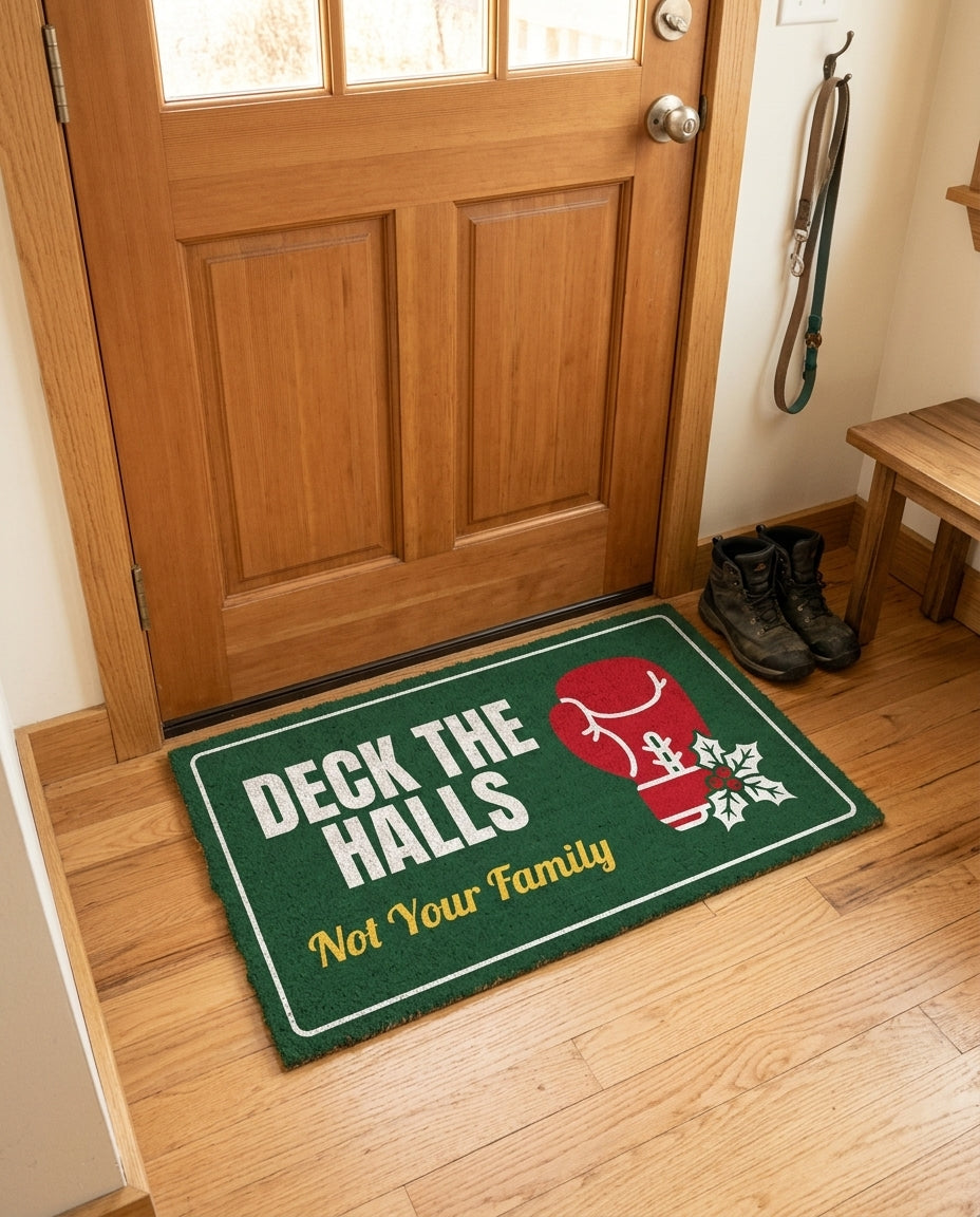 Deck The Halls Not Your Family welcome mat in a home entryway