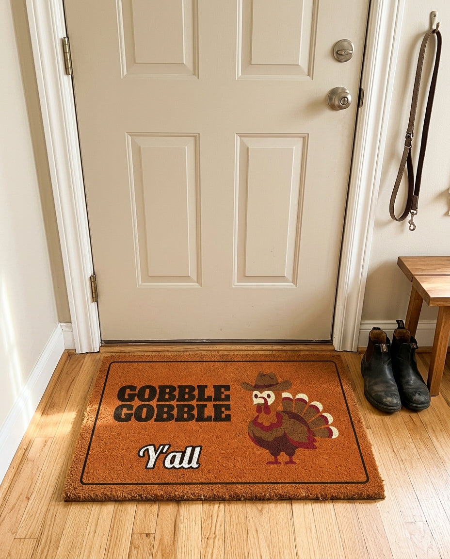 Gobble Gobble Yall welcome mat in a home entryway