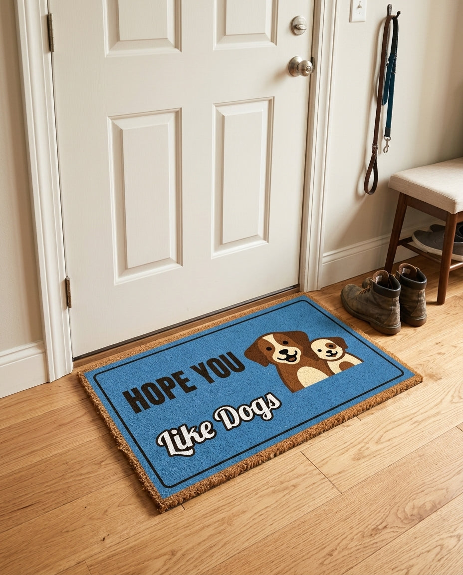 Hope You Like Dogs welcome mat in a home entryway