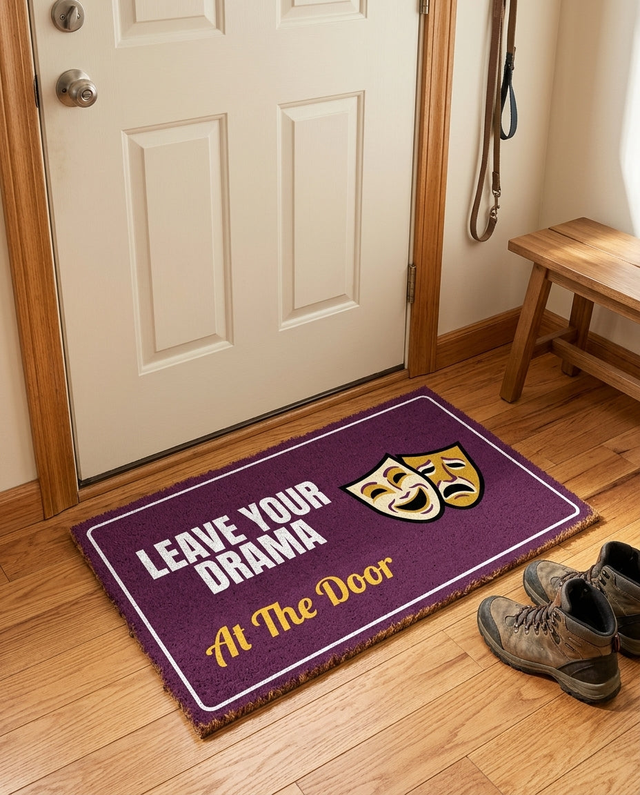 Leave Your Drama At The Door welcome mat in a home entryway