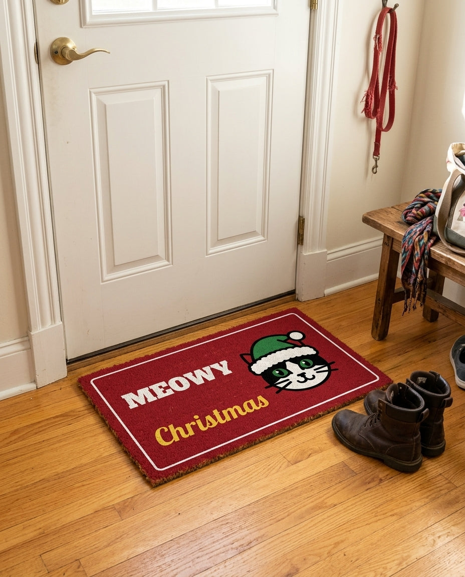 Meowy Christmas welcome mat in a home entryway