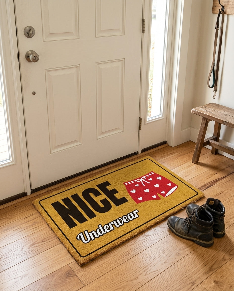 Nice Underwear welcome mat in a home entryway