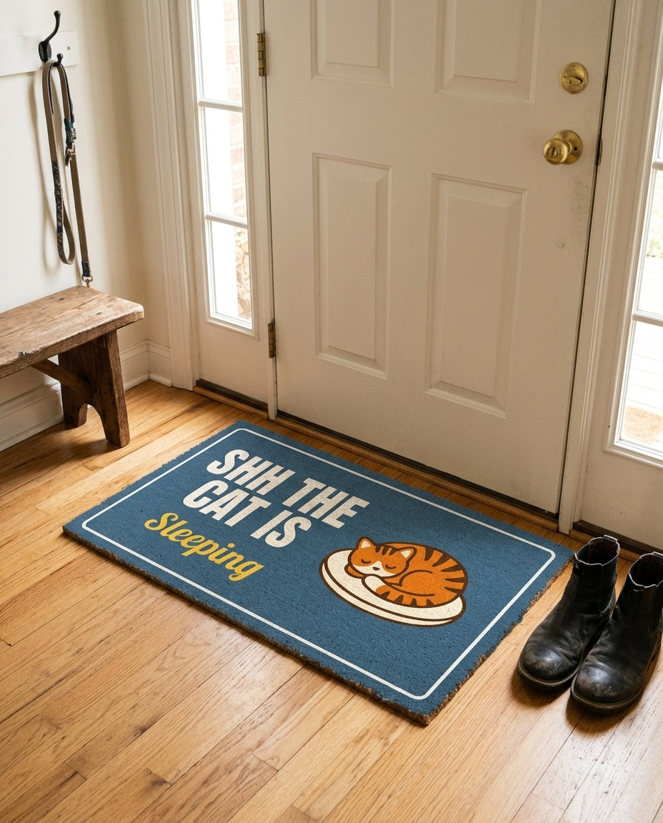 Shh The Cat Is Sleeping welcome mat in a home entryway