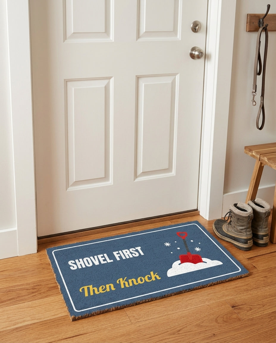 Shovel First Then Knock welcome mat in a home entryway