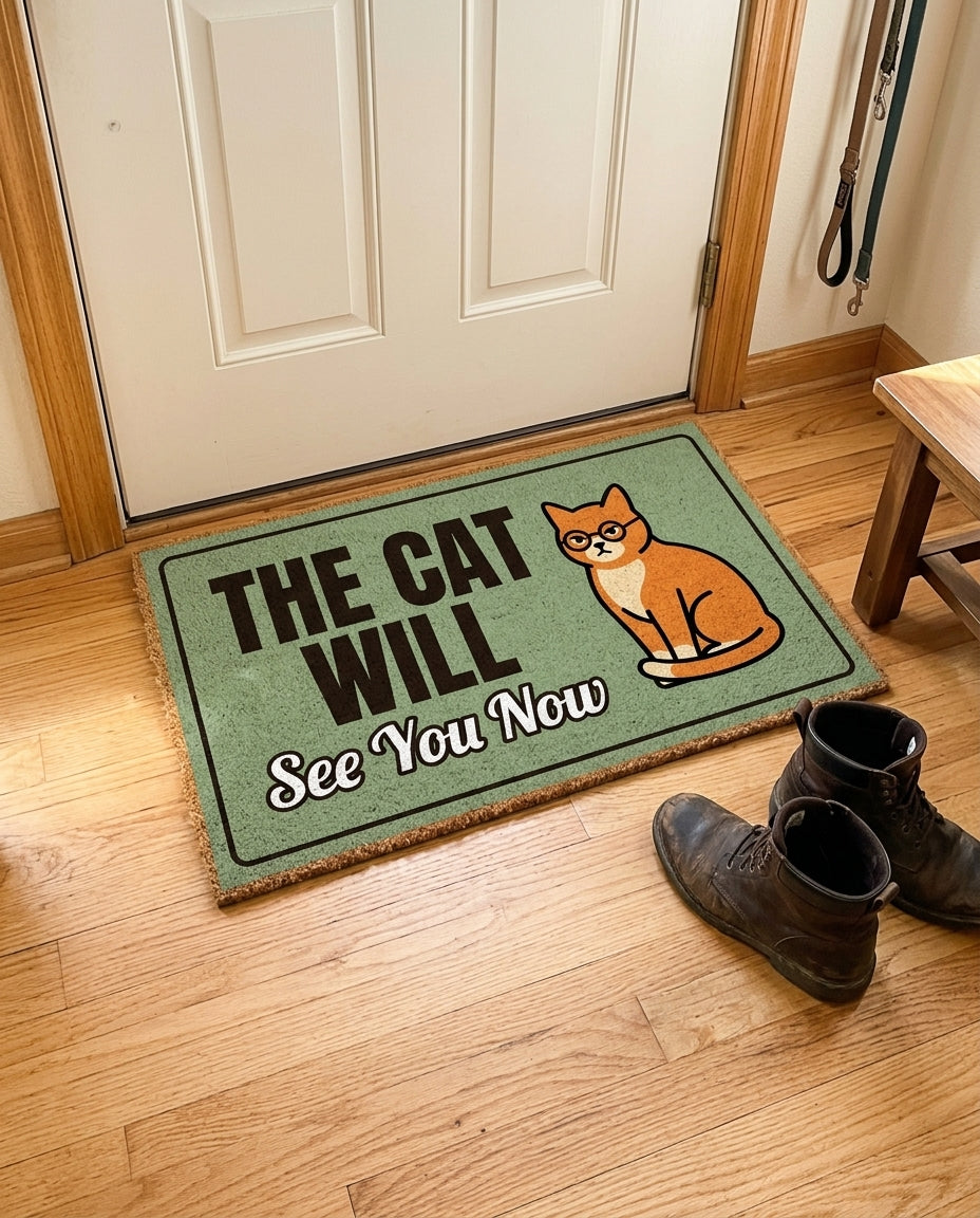 The Cat Will See You Now welcome mat in a home entryway