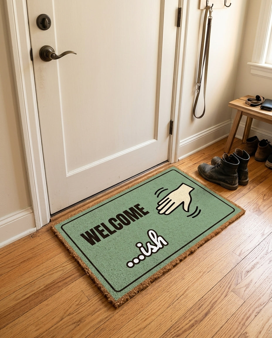 Welcome Ish welcome mat in a home entryway