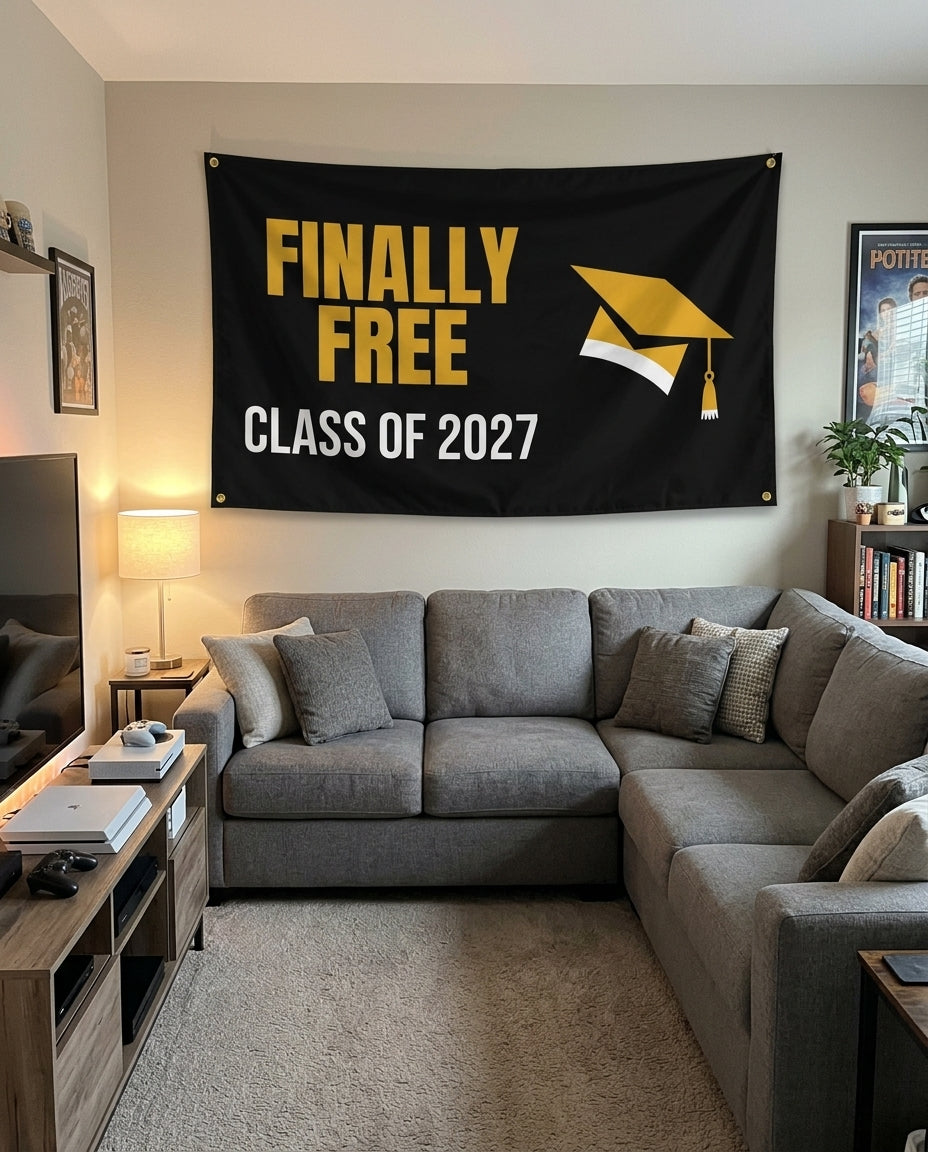 Finally Free Class Of 2027 flag decorating a game room wall