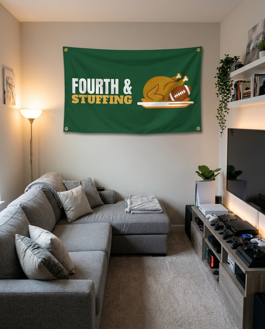 Fourth And Stuffing flag decorating a game room wall