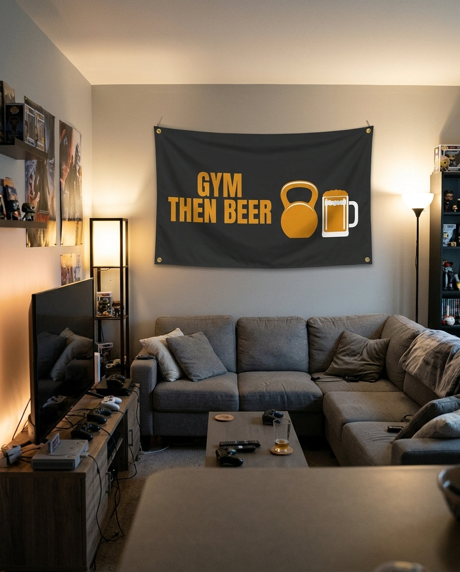 Gym Then Beer flag decorating a game room wall