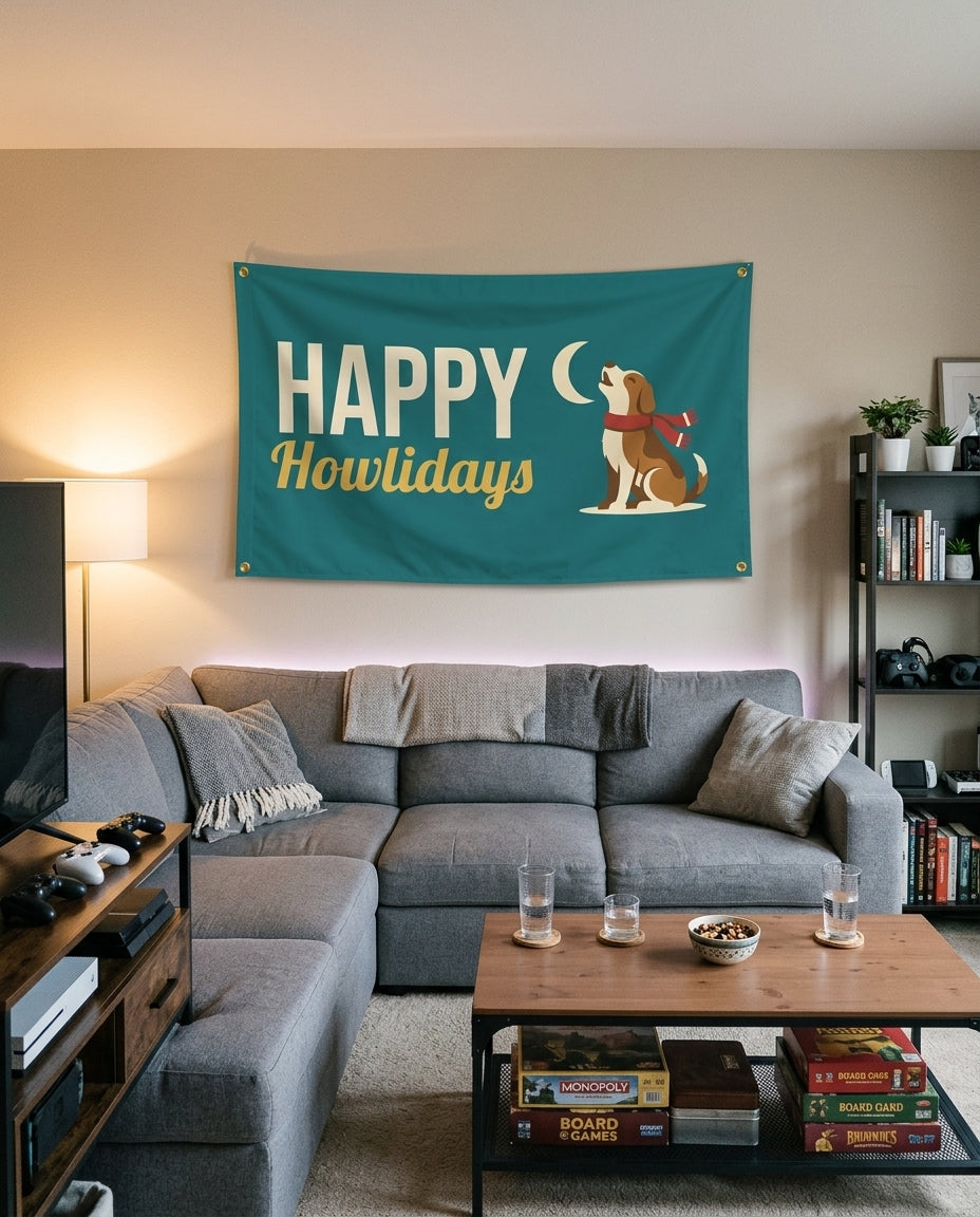 Happy Howlidays flag decorating a game room wall