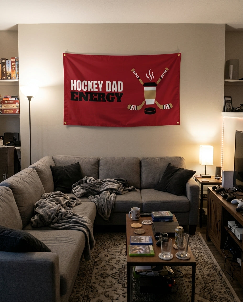 Hockey Dad Energy flag decorating a game room wall