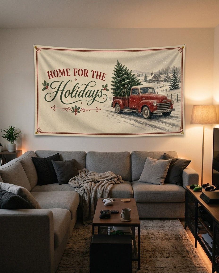 Home For The Holidays flag decorating a game room wall