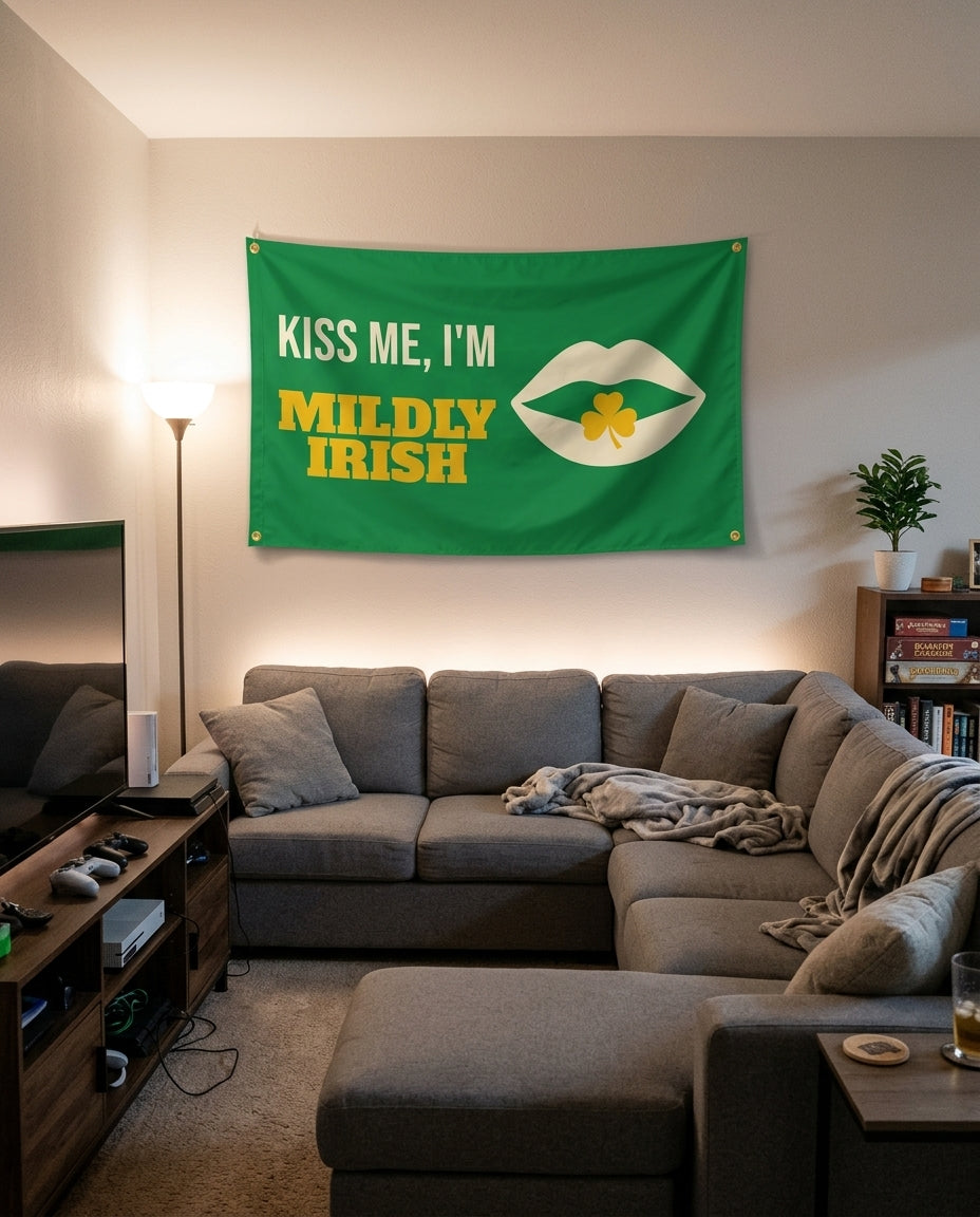 Kiss Me Im Mildly Irish flag decorating a game room wall