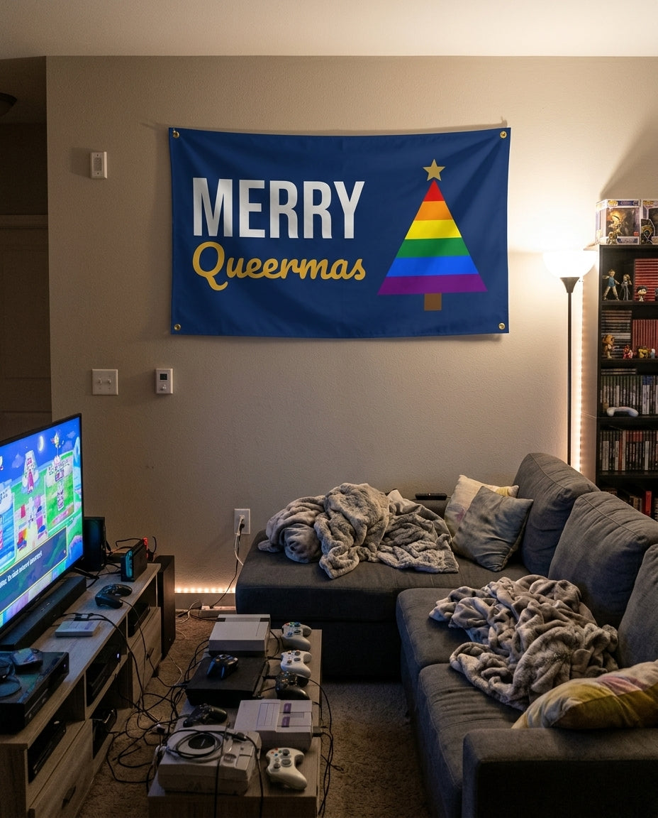Merry Queermas flag decorating a game room wall