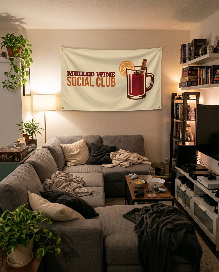 Mulled Wine Social Club flag decorating a game room wall