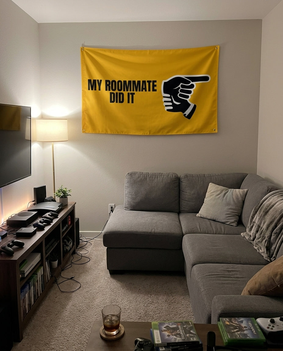My Roommate Did It flag decorating a game room wall