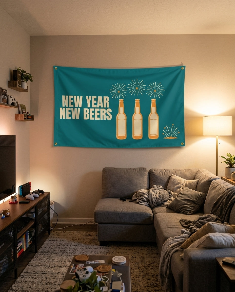 New Year New Beers flag decorating a game room wall