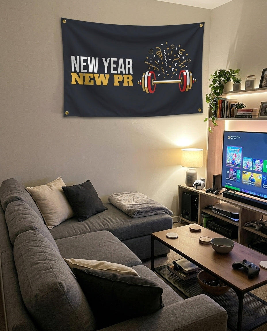New Year New PR flag decorating a game room wall