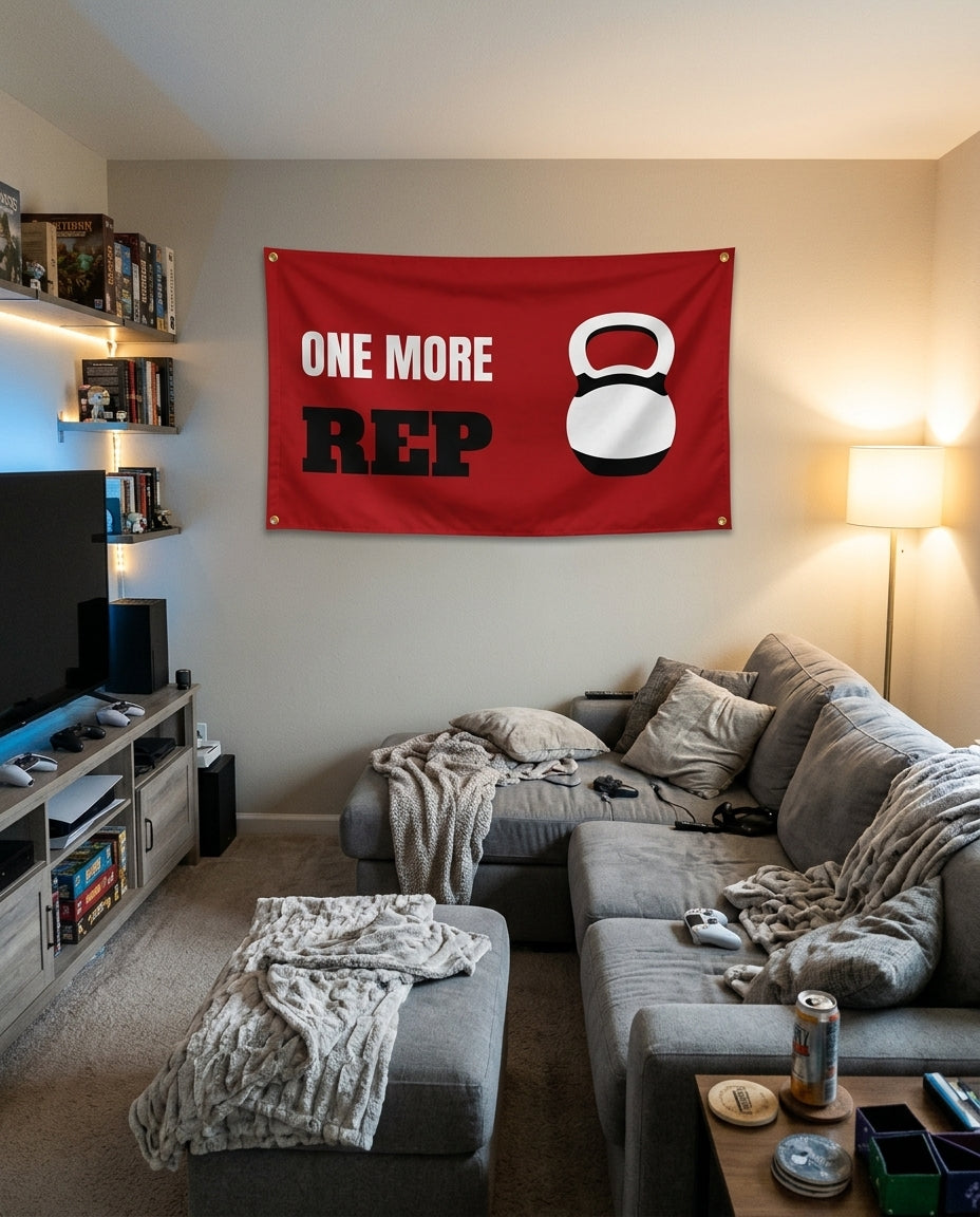 One More Rep flag decorating a game room wall