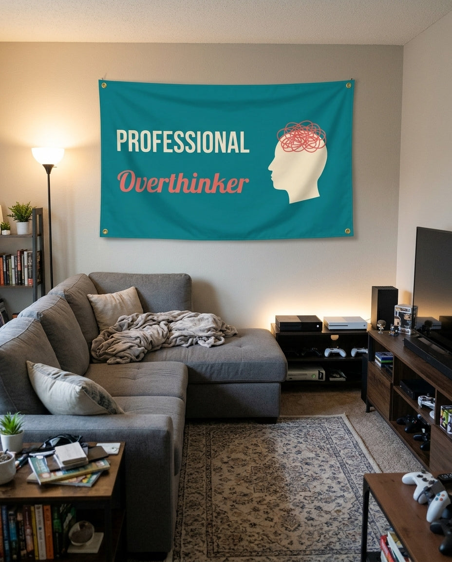 Professional Overthinker flag decorating a game room wall