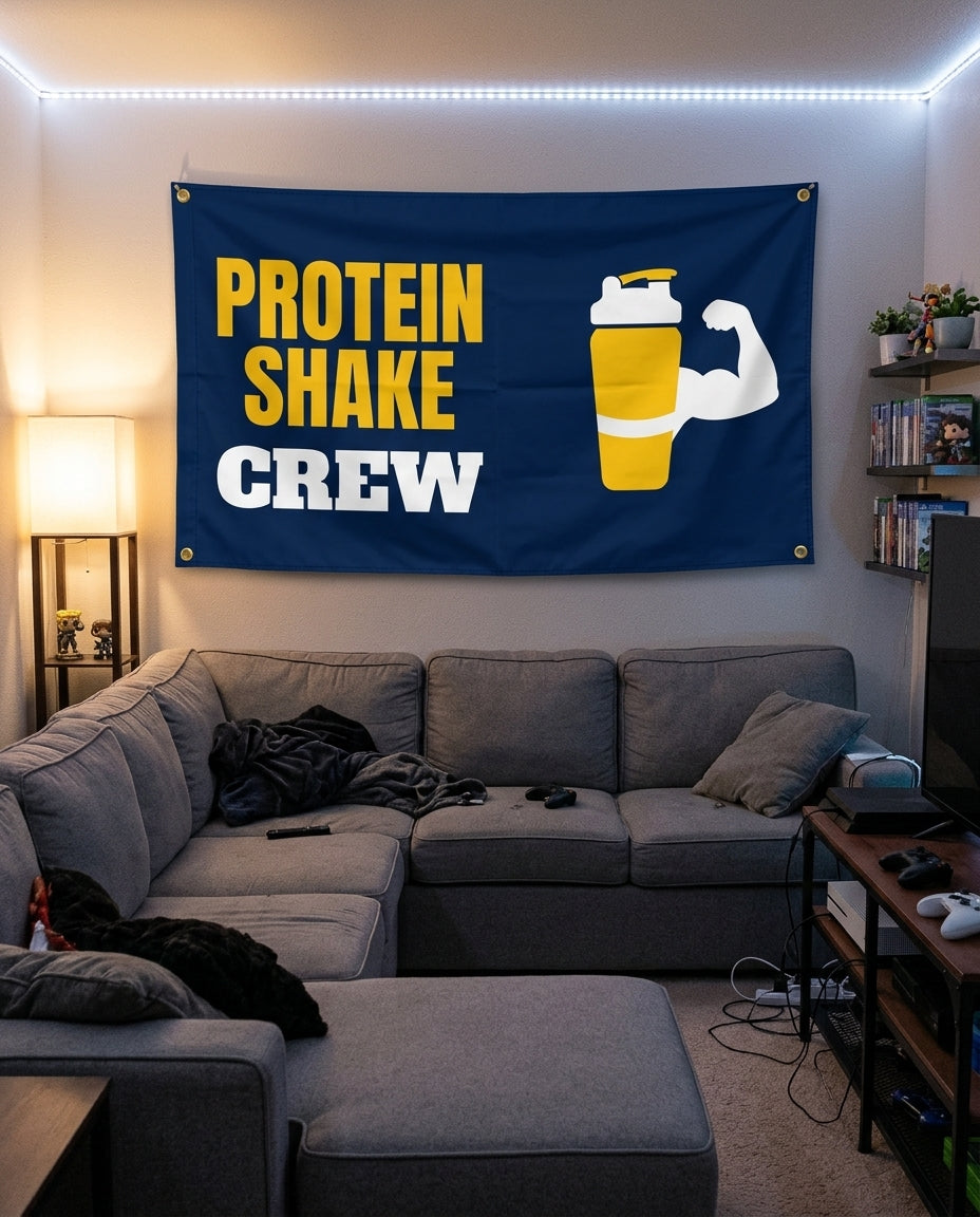 Protein Shake Crew flag decorating a game room wall