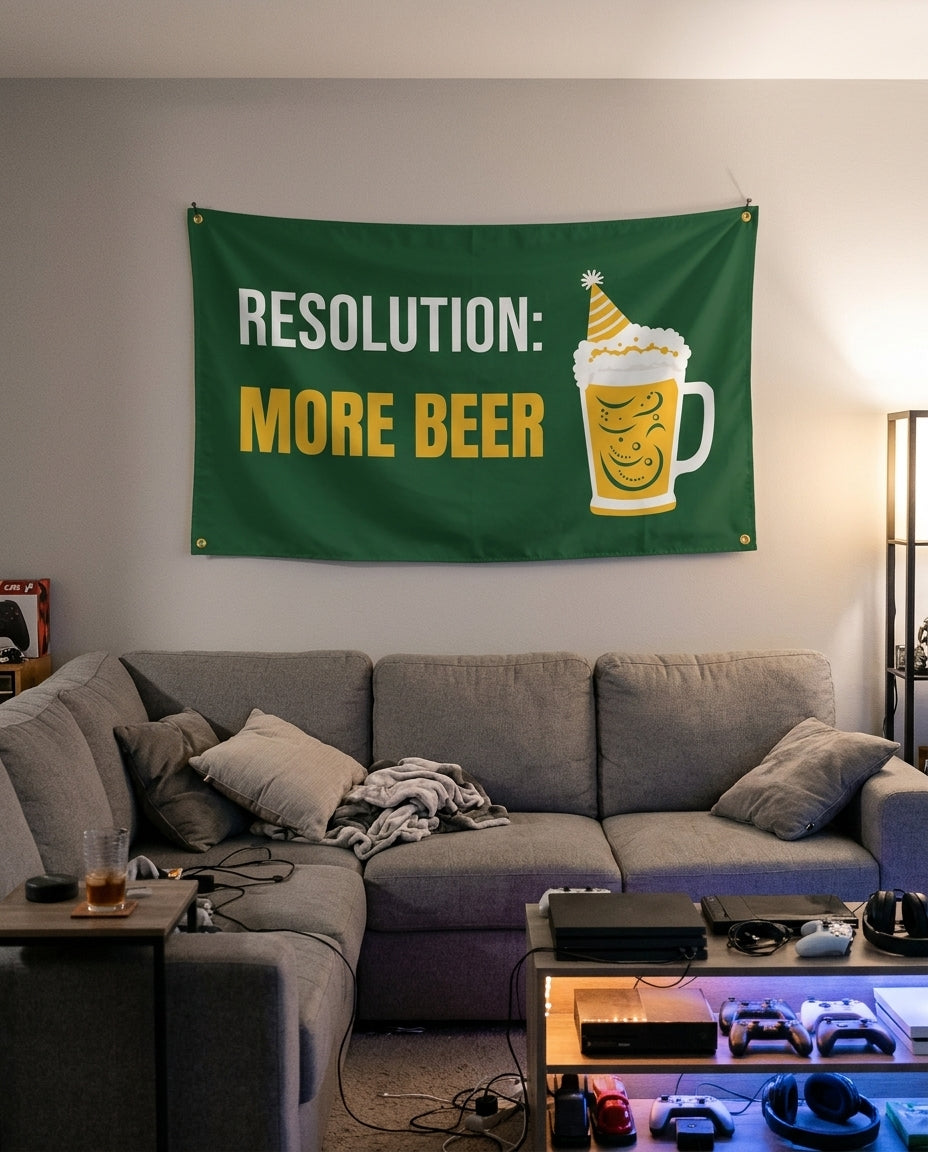 Resolution More Beer flag decorating a game room wall