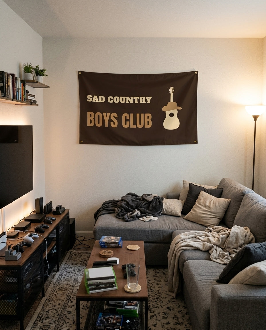 Heartbreak Country Club flag decorating a game room wall