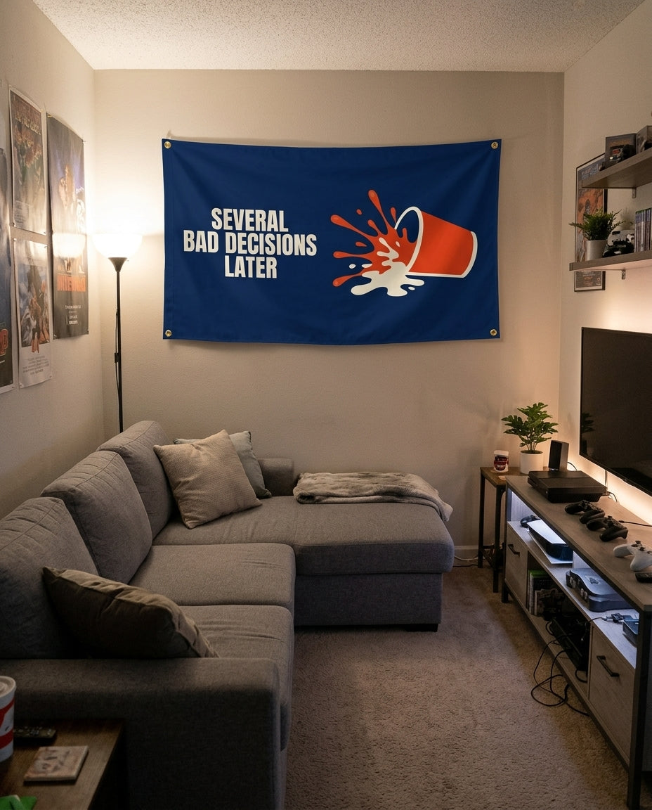 Several Bad Decisions Later flag decorating a game room wall