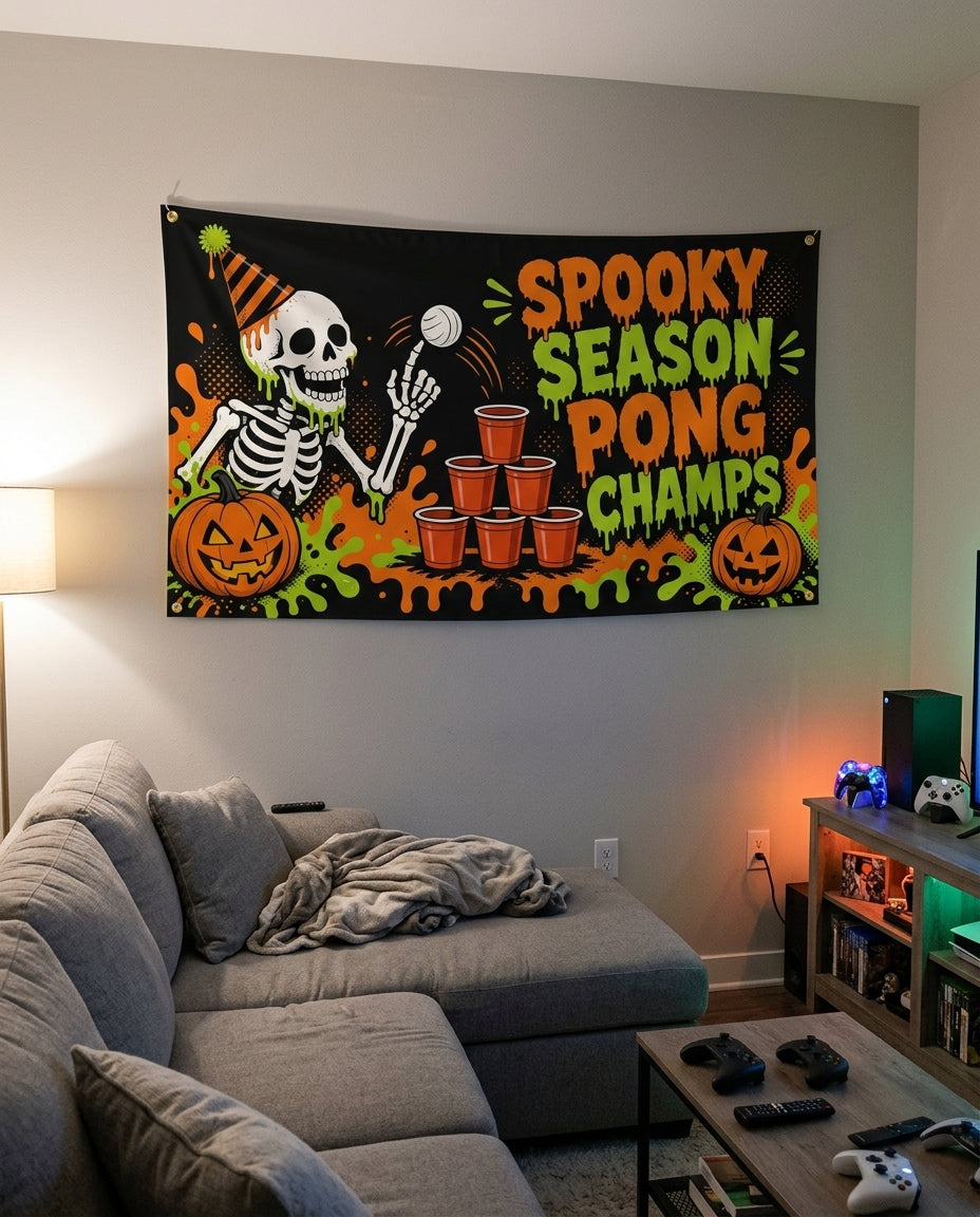 Spooky Season Pong Champs flag decorating a game room wall