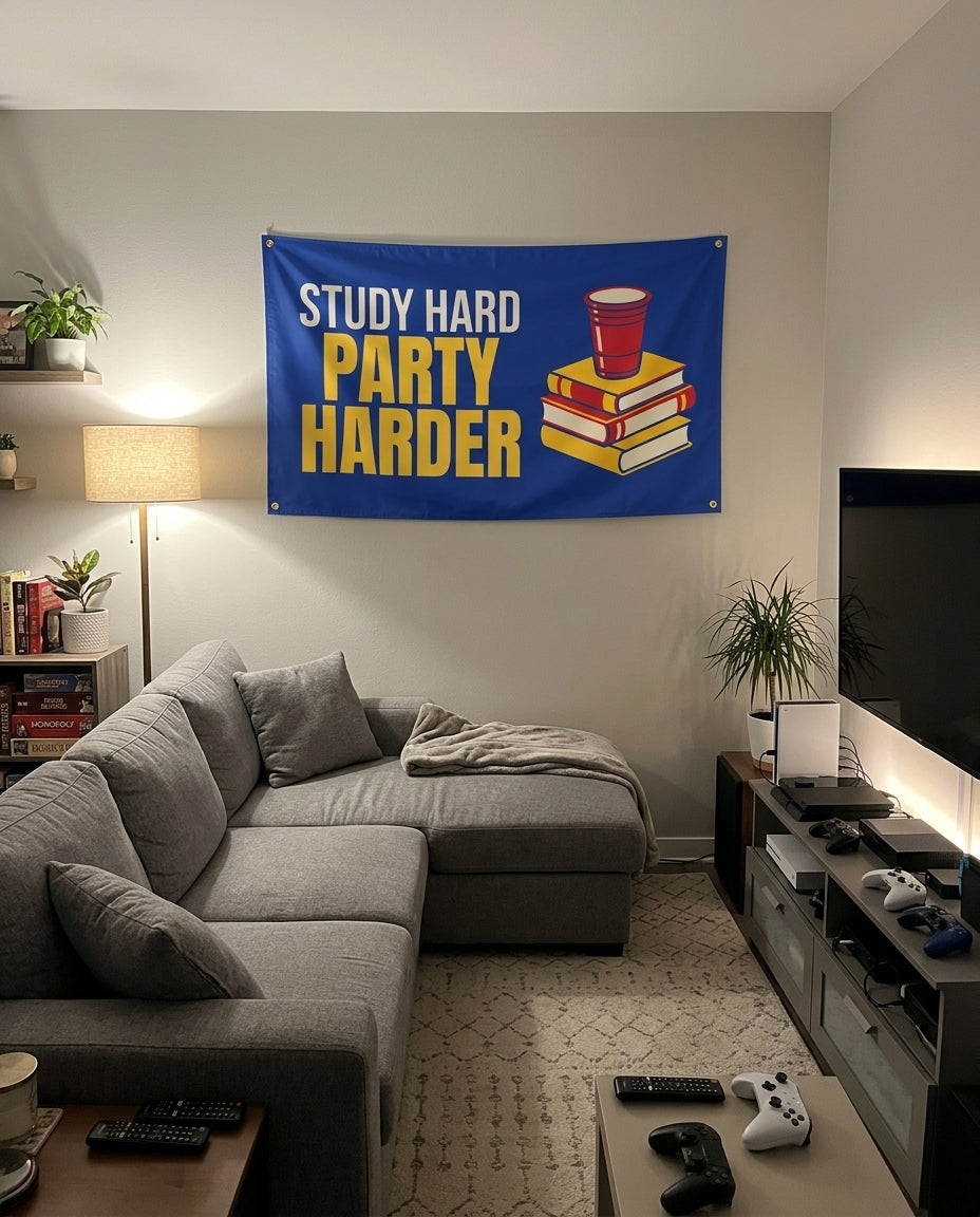 Study Hard Party Harder flag decorating a game room wall