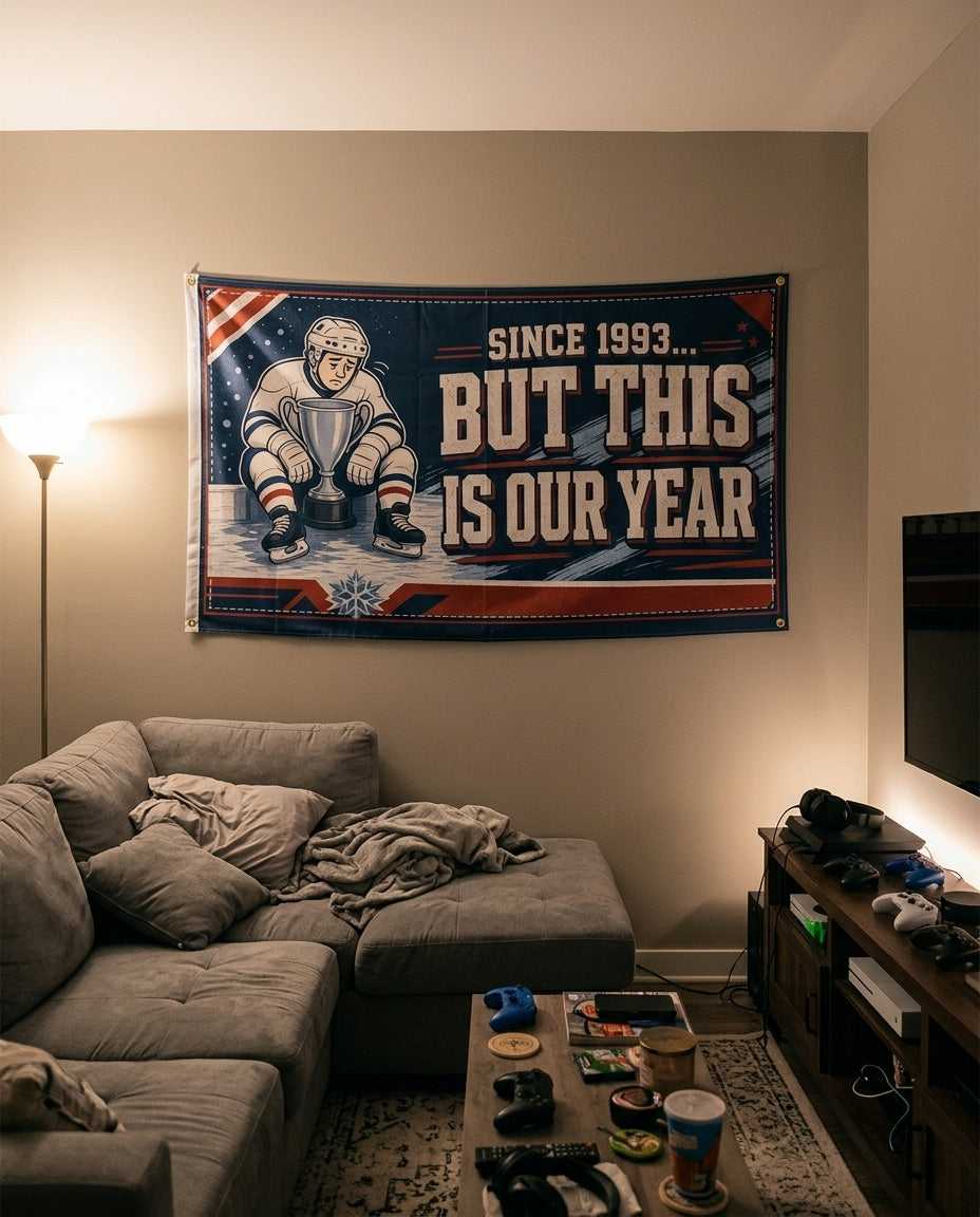 This Is Our Year hockey flag decorating a game room wall