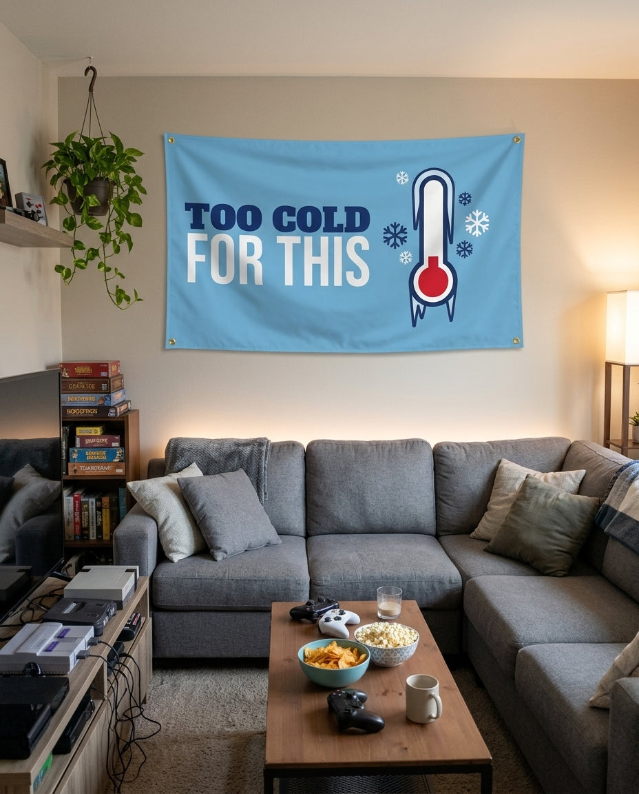 Too Cold For This flag decorating a game room wall