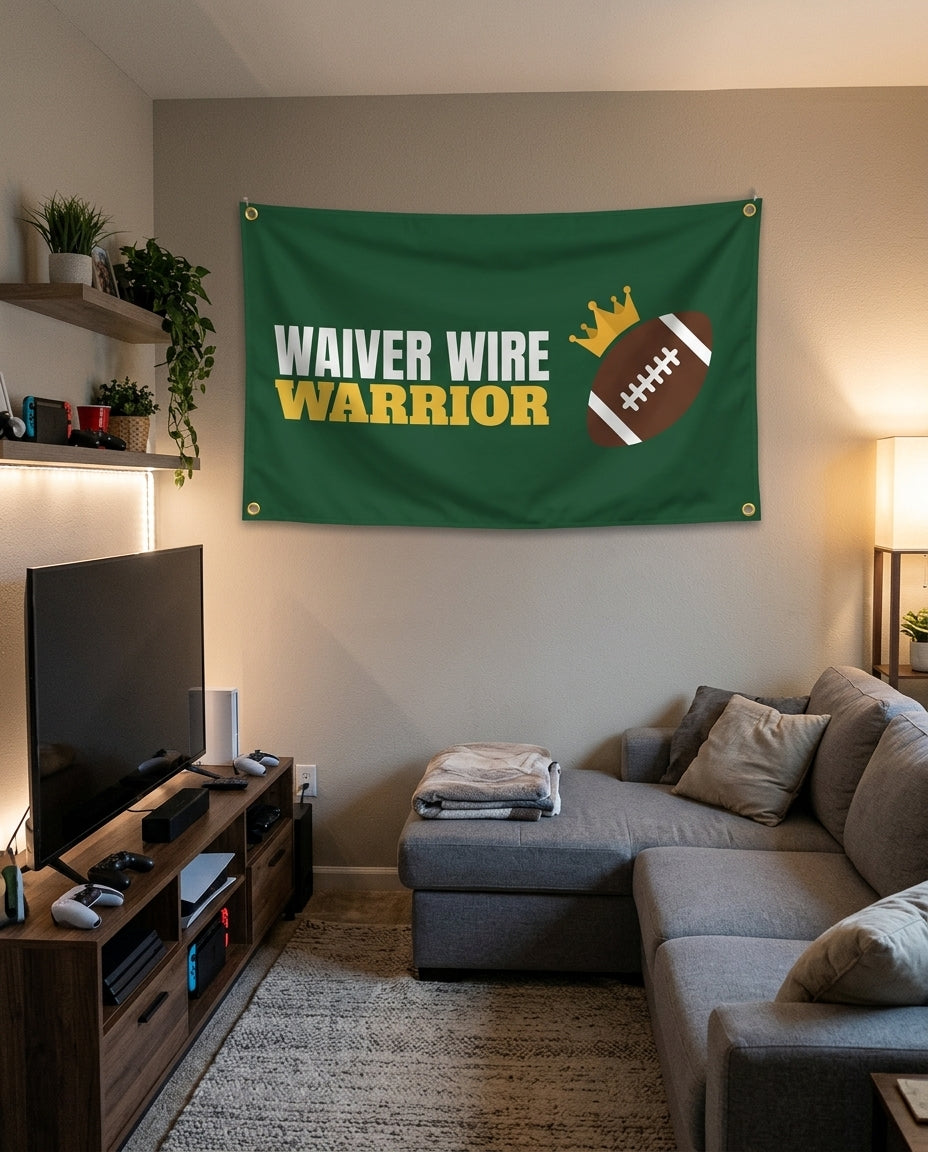 Waiver Wire Warrior flag decorating a game room wall