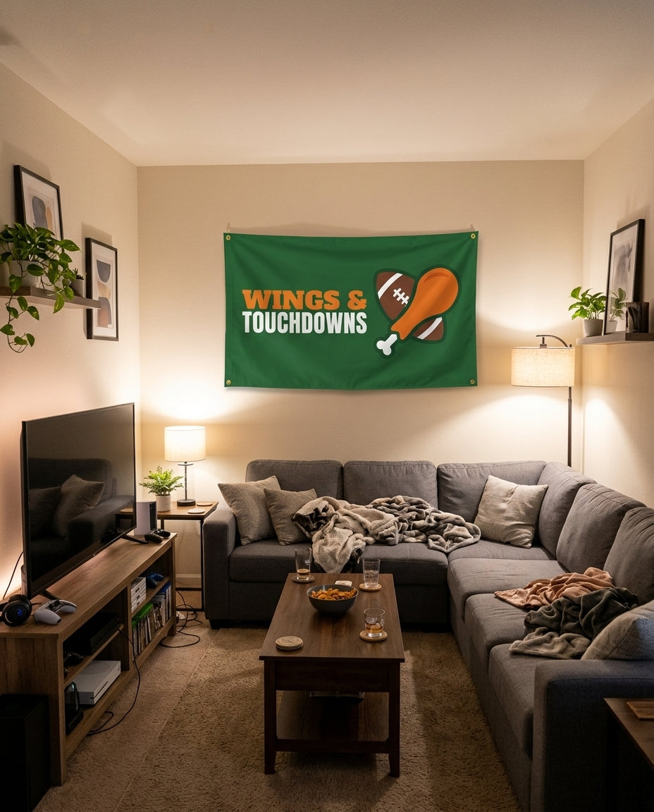 Wings And Touchdowns flag decorating a game room wall