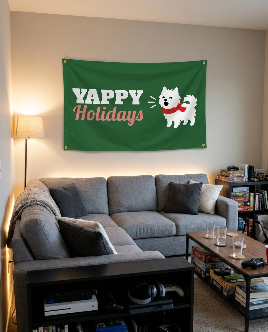 Yappy Holidays flag decorating a game room wall