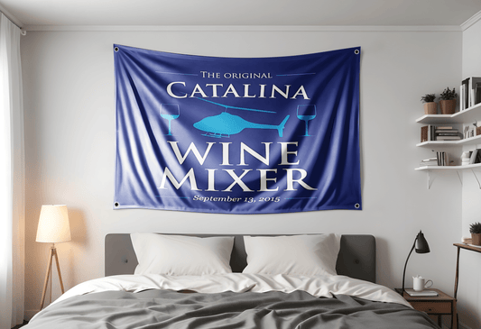 3x5 ft flag hung horizontally above a bed with four corner grommets