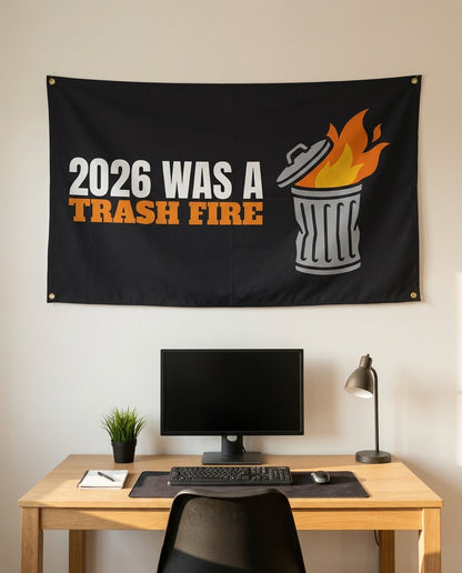 2026 Was A Trash Fire 3x5 flag on a home office wall