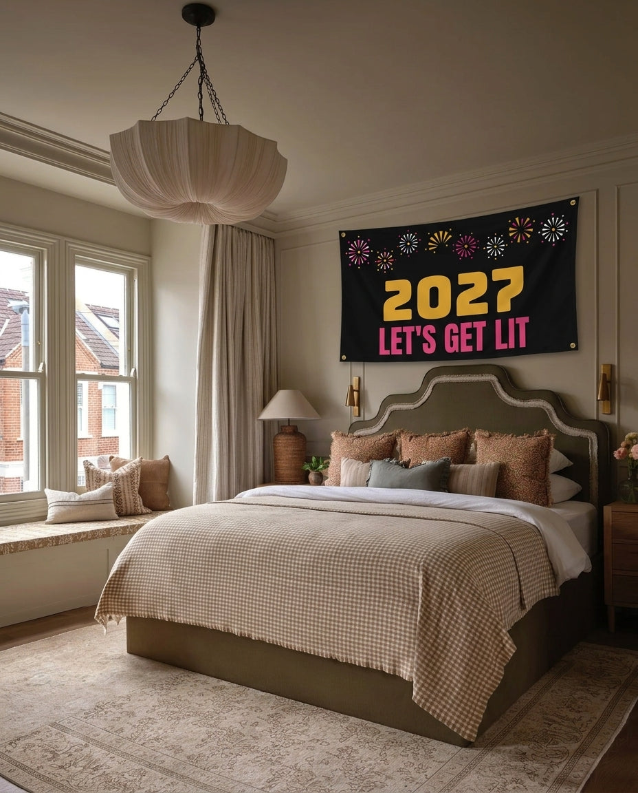 2027 Lets Get Lit New Year's wall flag hanging in a bedroom