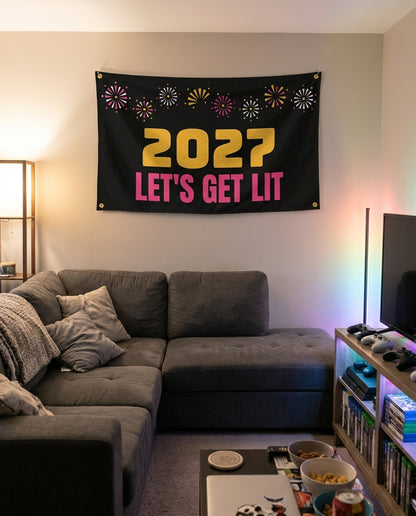 2027 Lets Get Lit flag decorating a game room wall