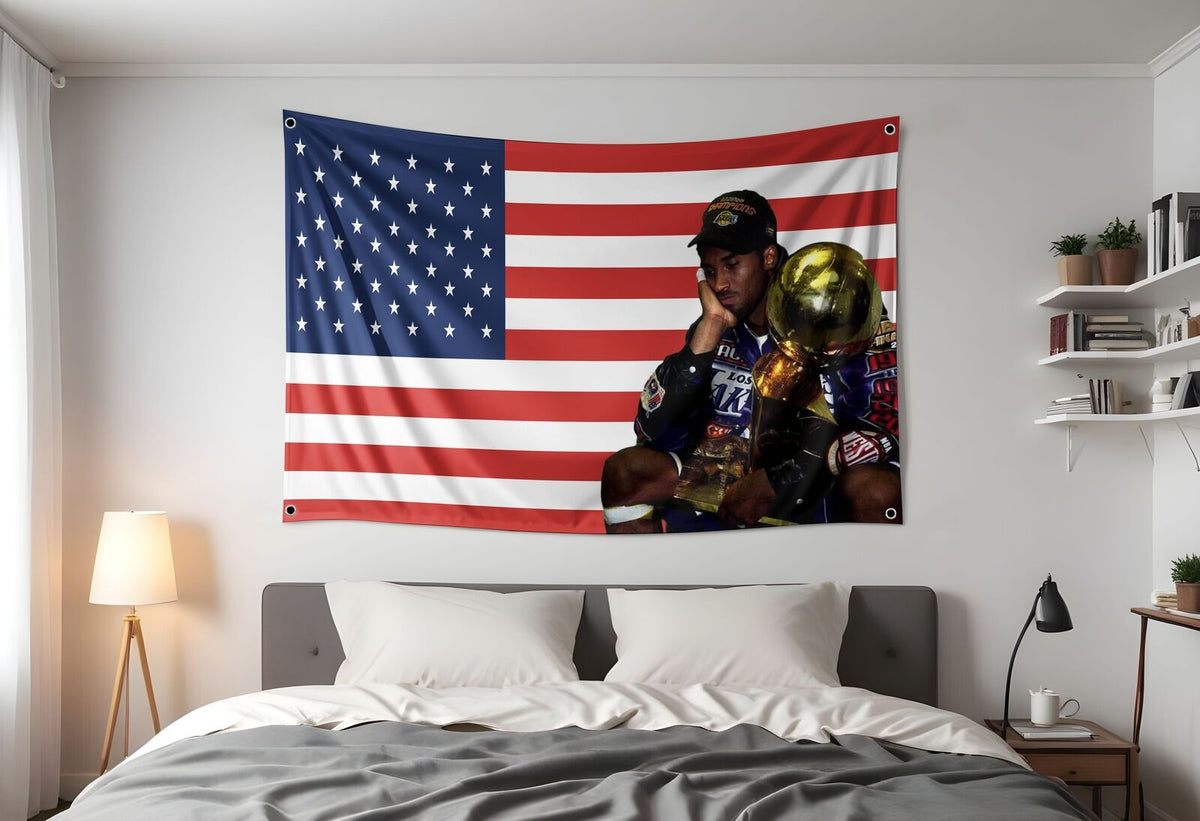 Kobe Championship Trophy American Flag | Custom 3x5 Feet NBA Tapestry Design