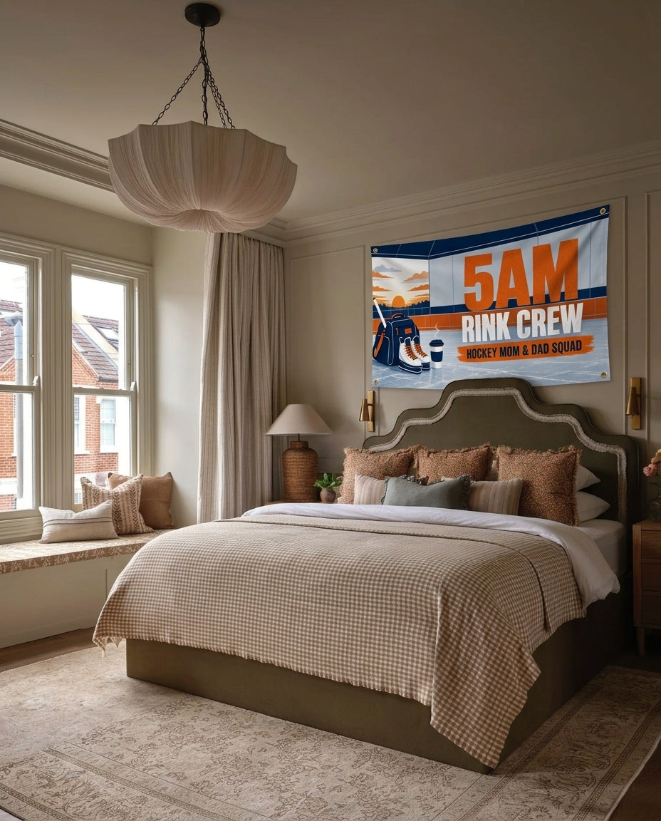 5AM Rink Crew hockey mom and dad wall flag hanging in a bedroom