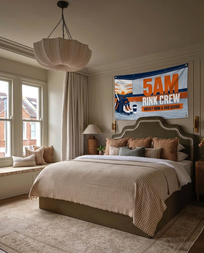 5AM Rink Crew hockey mom and dad wall flag hanging in a bedroom