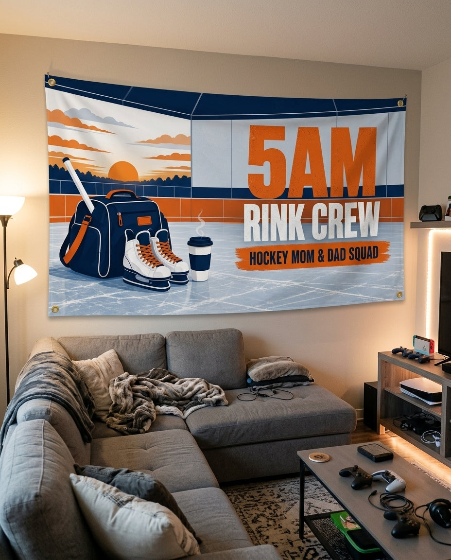 5AM Rink Crew flag decorating a game room wall